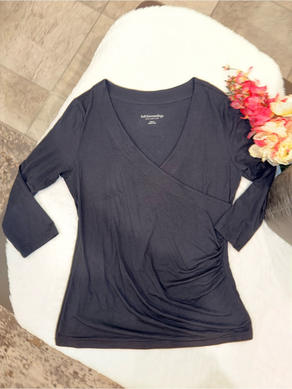 2 x 20$ Soft Surroundings Black Faux-Wrap V-Neck Three-Quarter Sleeve Top Size M